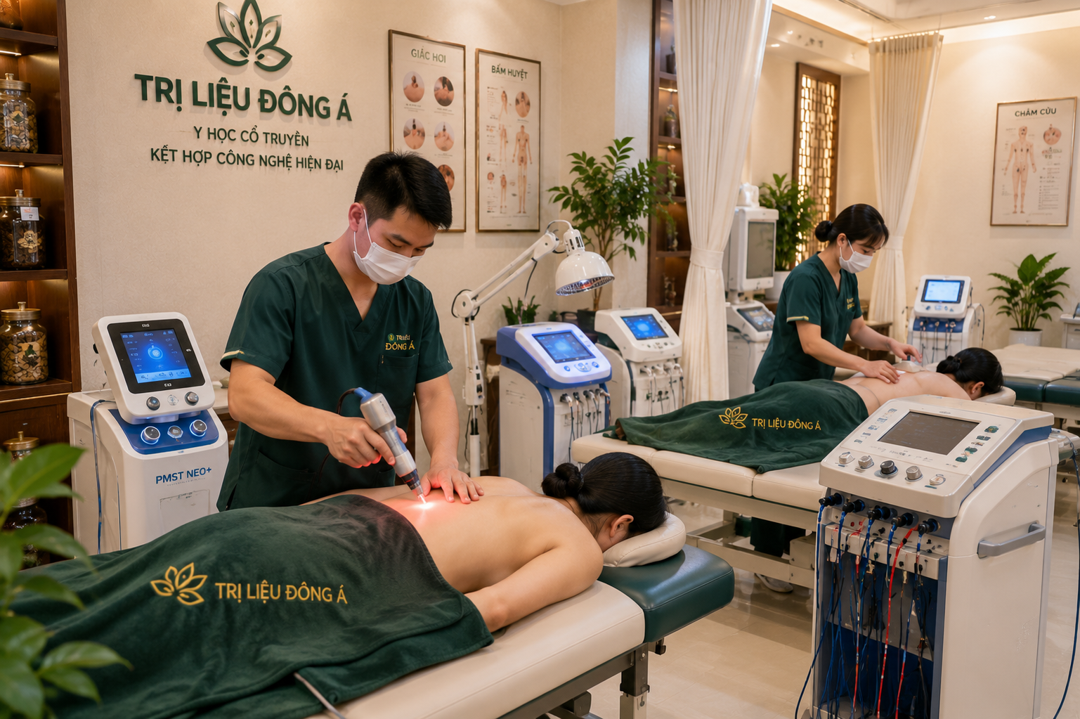 Kỹ thuật viên thực hiện trị liệu bằng thiết bị hiện đại